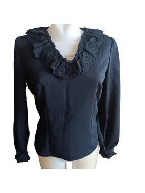 True  Vintage Blouse Medium 1970's Goth Funeral Black Long Sleeve Lace Ruffle